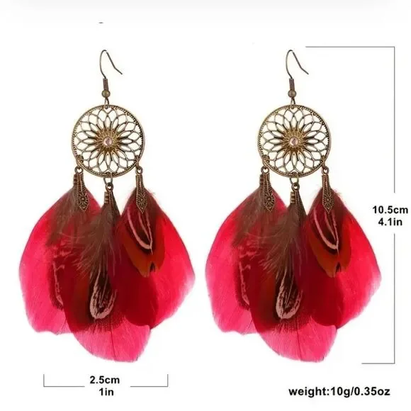 Boho Red Feather Tassel Rhinestone Earrings - Picture 2 of 2